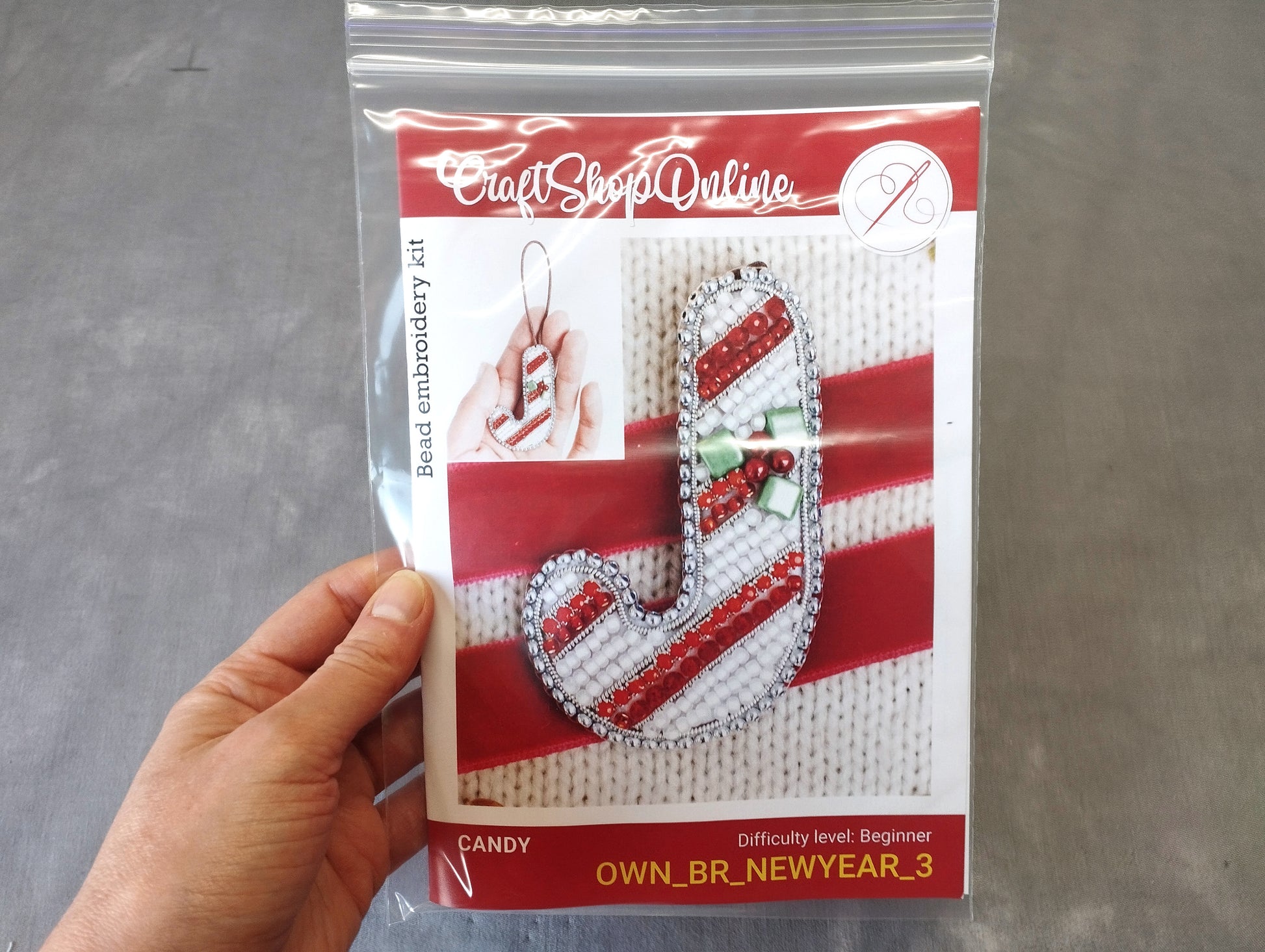 A hand holding a package containing a candy embroidery kit.