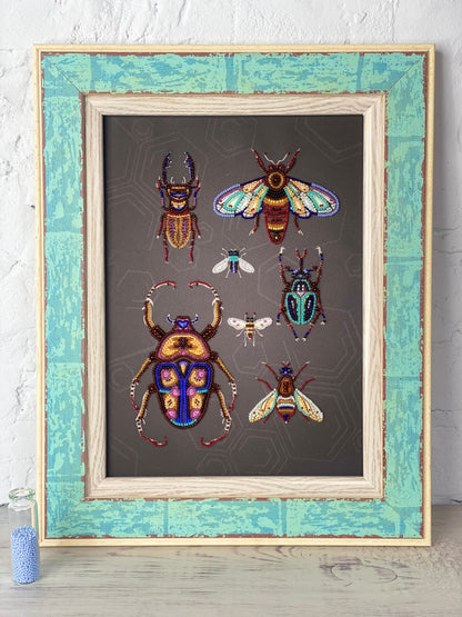 a framed collage of various colorful insects, including a large dragonfly, a bee, and several other insects, all set against a dark background.