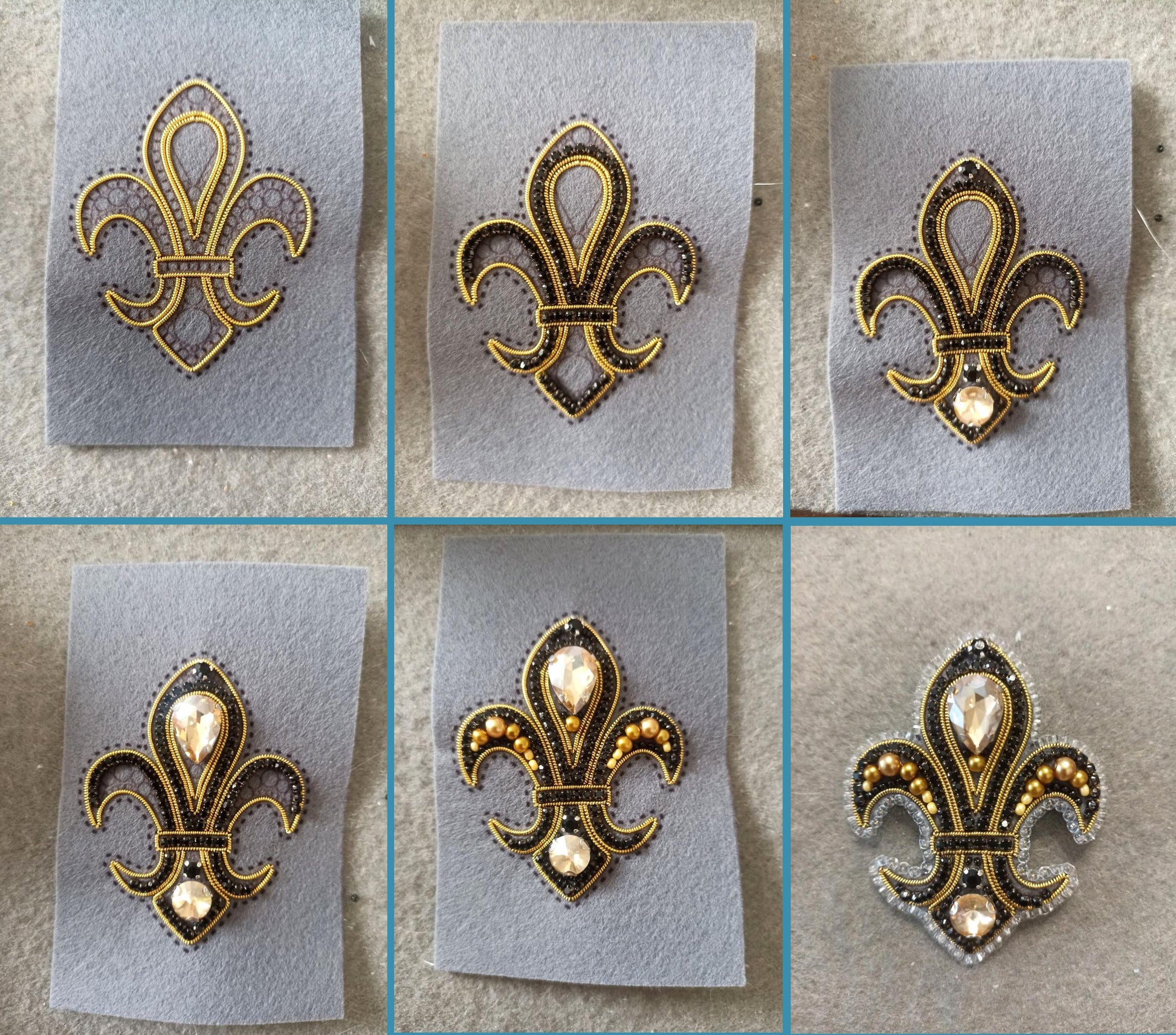 The image is a collage of six photographs featuring intricate designs of fleur-de-lis-inspired brooches or badges. The brooches are adorned with gold and black embellishments, and they are displayed on gray felt backgrounds. The images showcase the brooches in various positions and orientations, highlighting their detailed craftsmanship and unique designs.