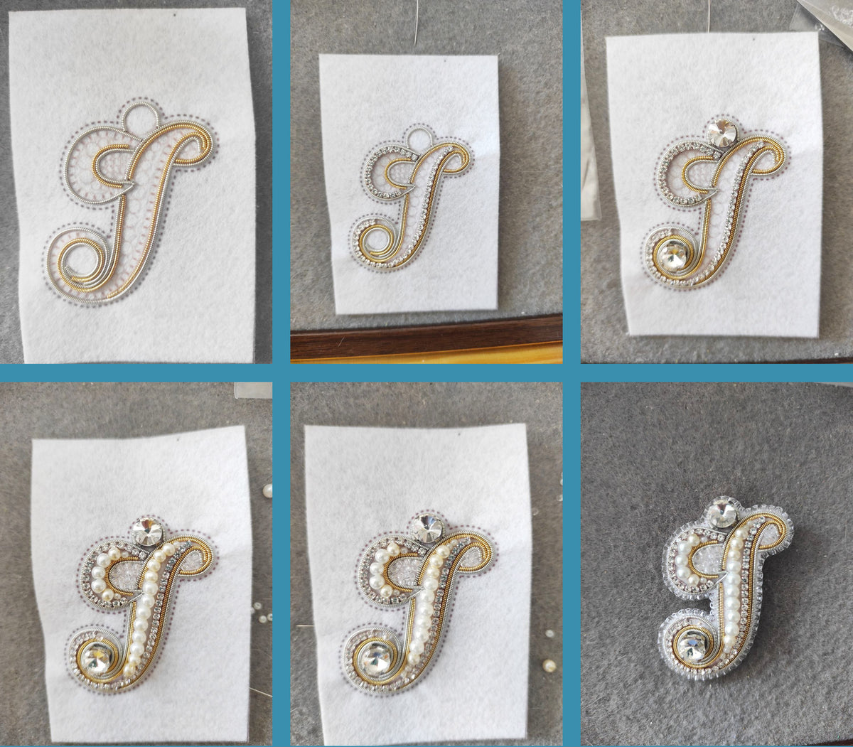 The image is a collage of six images showing the process of creating a decorative letter 'J' using various materials such as beads, pearls, and other embellishments.
