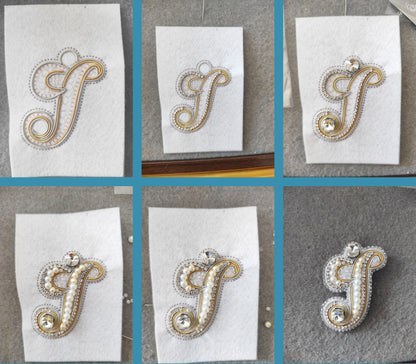 The image is a collage of six images showing the process of creating a decorative letter 'J' using various materials such as beads, pearls, and other embellishments.