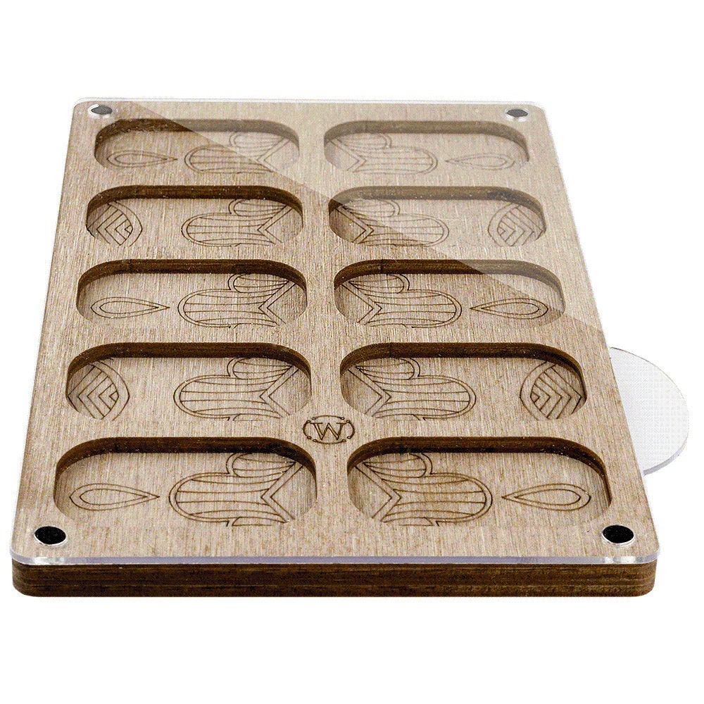 a wooden tray that has six compartments in it