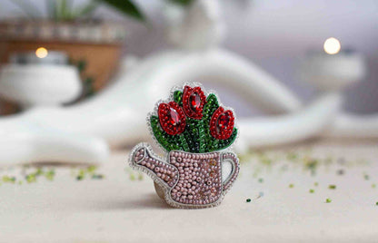 Red Tulips - Readymade Beaded Brooch