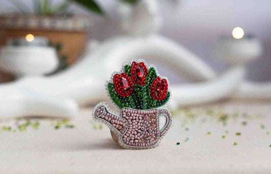 Red Tulips - Readymade Beaded Brooch