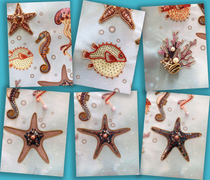a collage of starfish, seahorse, seahorse, and seahorse
