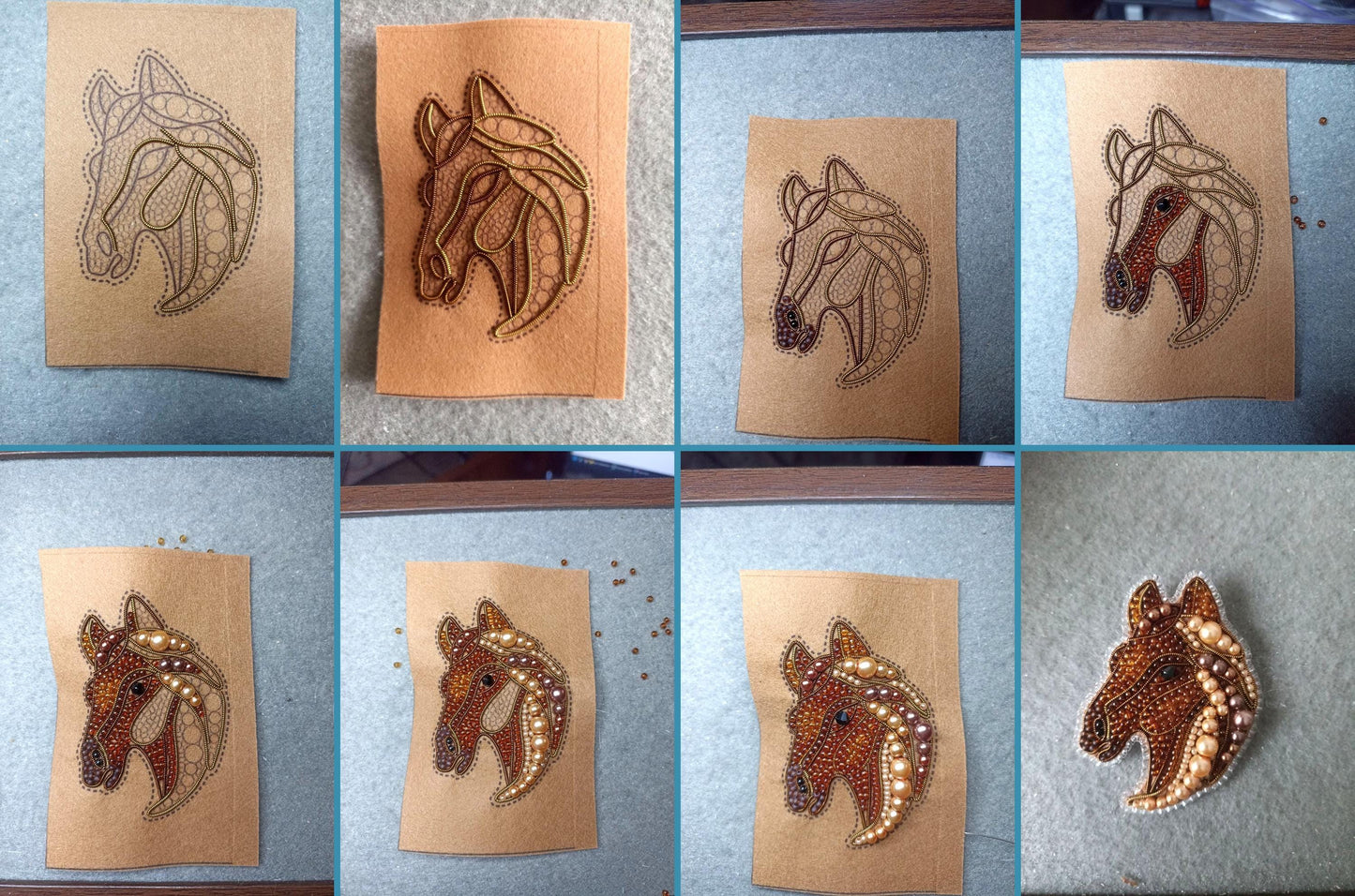 The image is a collage of nine images showing the progress of creating a beaded embroidered design of a horse's head.