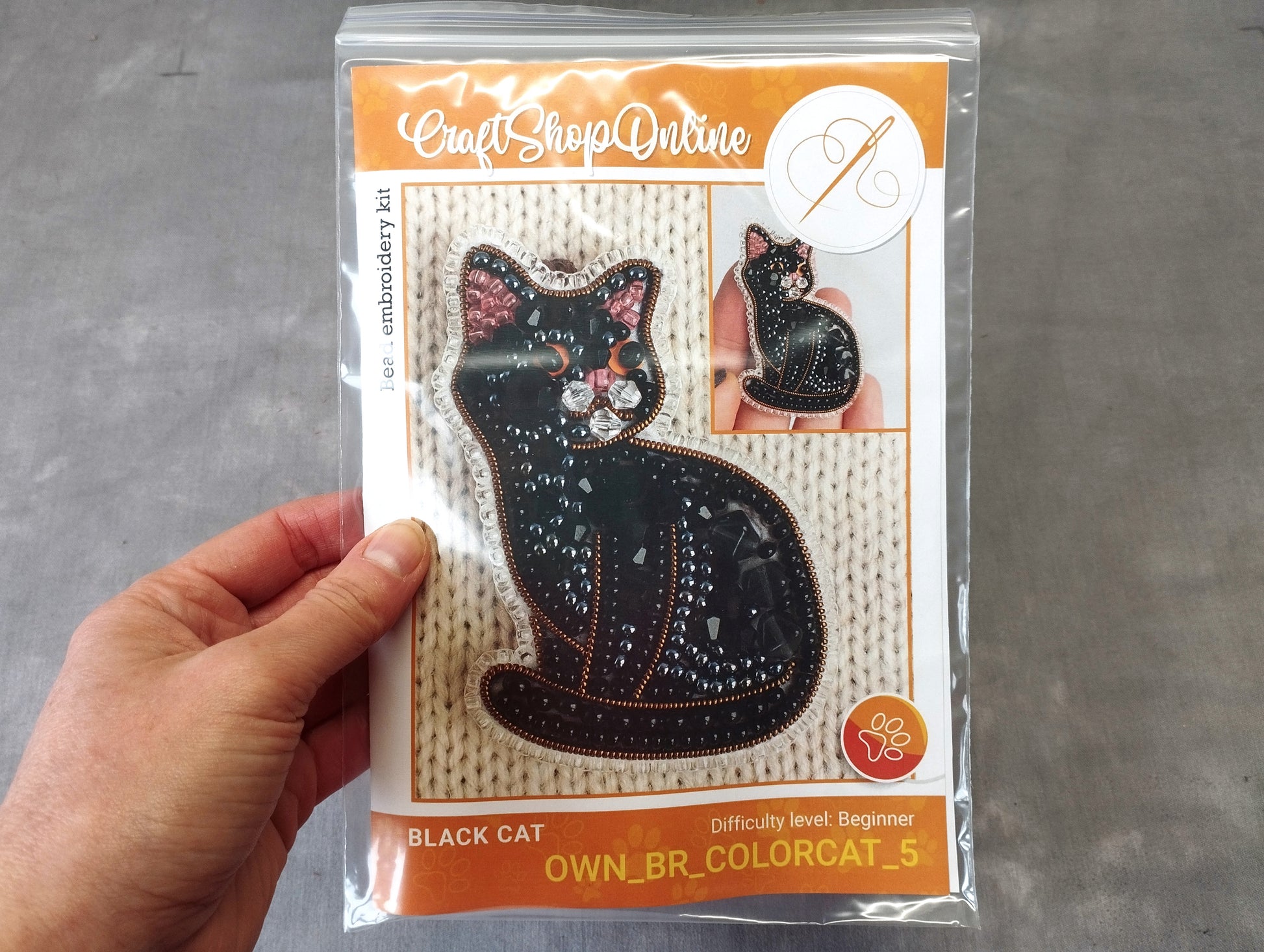 A hand holding a package containing a kit for embroidering a black cat.