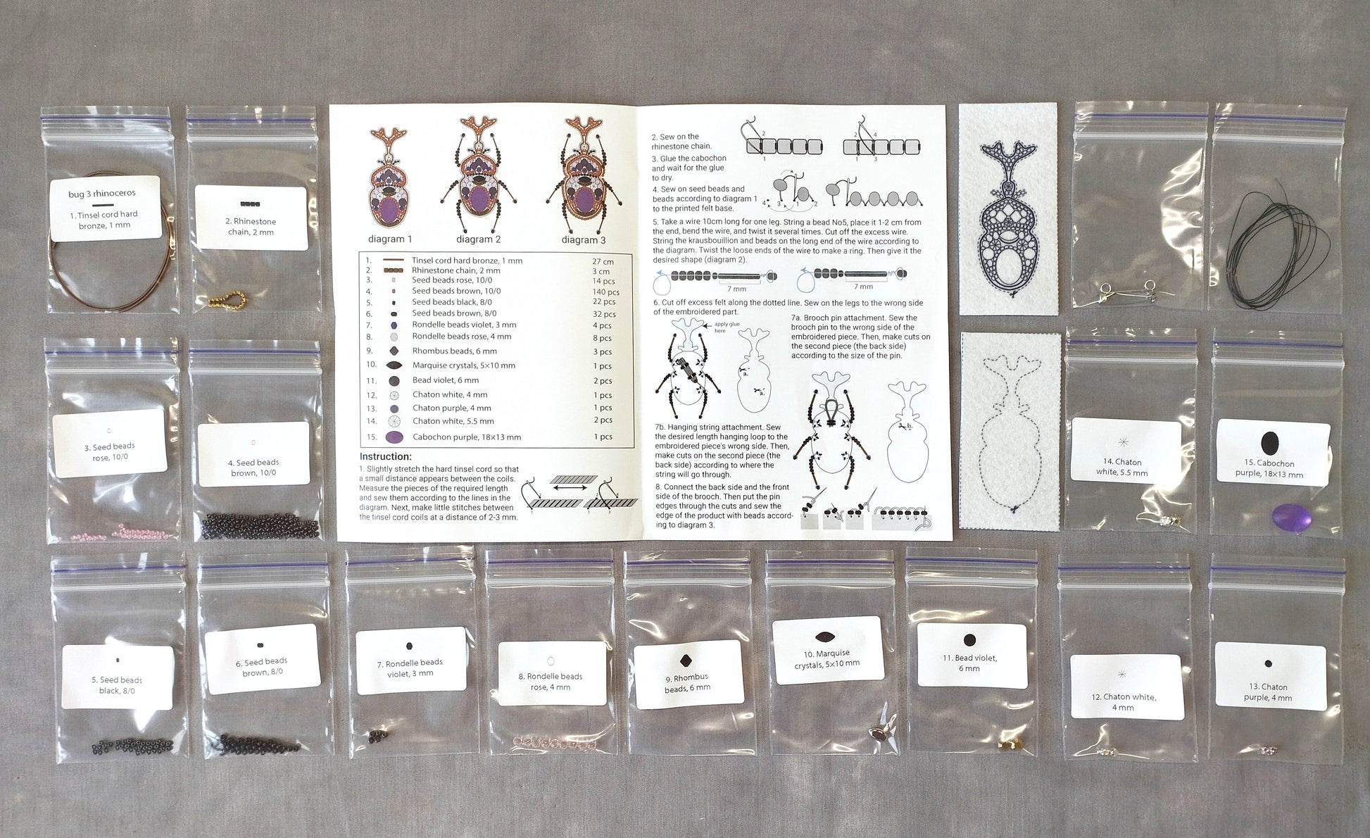 various craft supplies and materials, including bags of seeds, beads, and instructions for creating beaded jewelry.