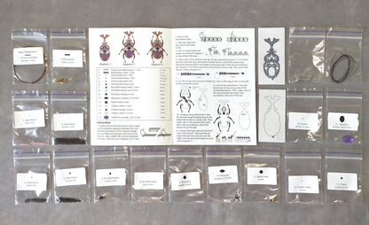 various craft supplies and materials, including bags of seeds, beads, and instructions for creating beaded jewelry.
