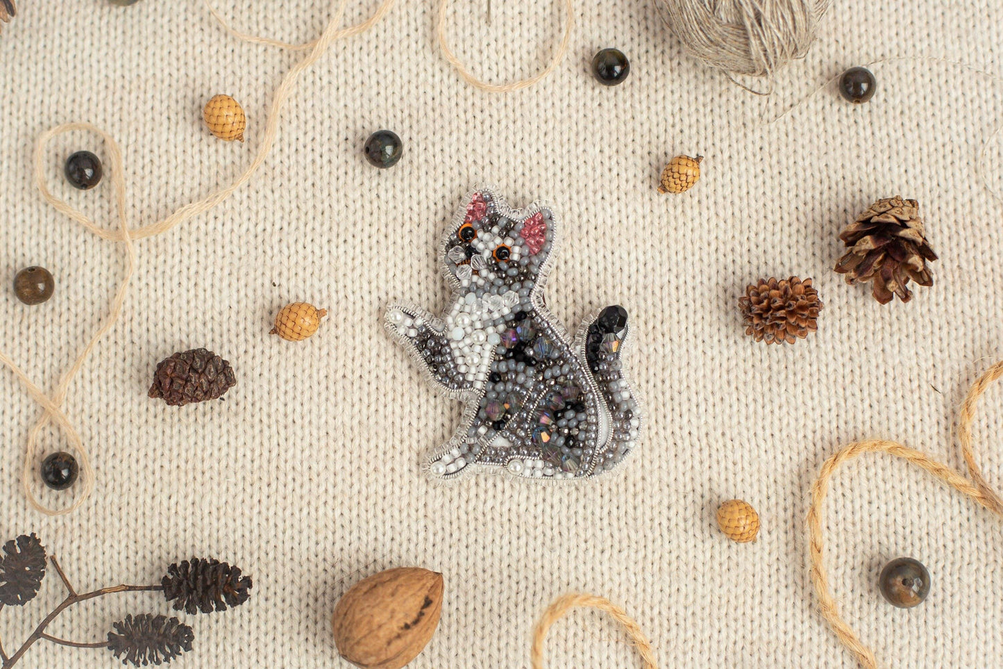 Tabby Cat - Readymade Beaded Brooch