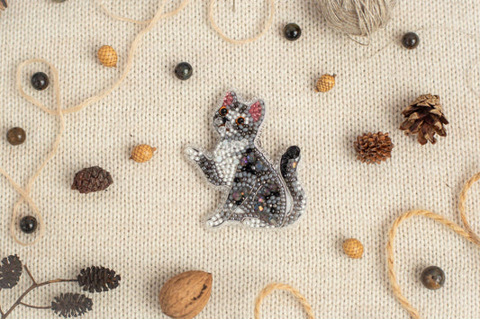Tabby Cat - Readymade Beaded Brooch