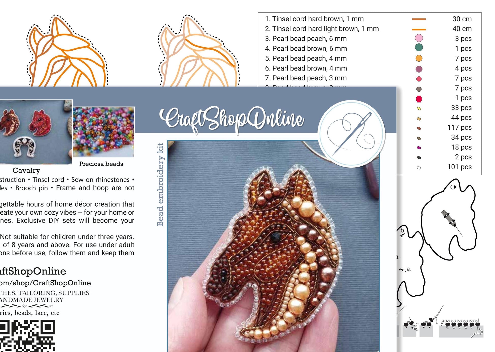 The image is a collage of various images related to beadwork, including a close-up of a hand holding a beaded object, a list of bead sizes and colors, and a diagram of a bead embroidery kit.