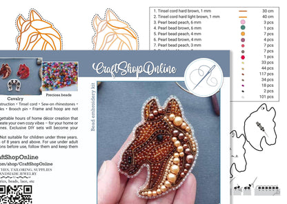 The image is a collage of various images related to beadwork, including a close-up of a hand holding a beaded object, a list of bead sizes and colors, and a diagram of a bead embroidery kit.