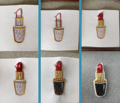 The image is a collage of six images showing a close-up view of a red and gold makeup product, specifically a lipstick, with various embellishments such as rhinestones and pearls.