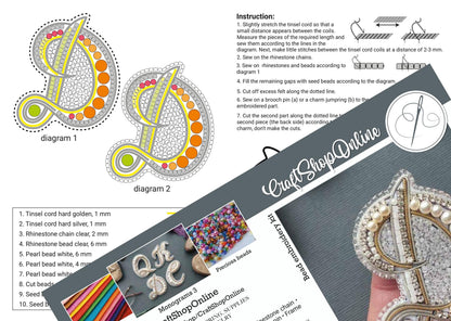 The image is a collage of two diagrams, each with instructions for creating beaded jewelry. The diagrams include step-by-step instructions for cutting cord, making stitches, and assembling the final piece. The collage also includes images of finished jewelry pieces and various beads, as well as a hand holding a completed beaded piece.