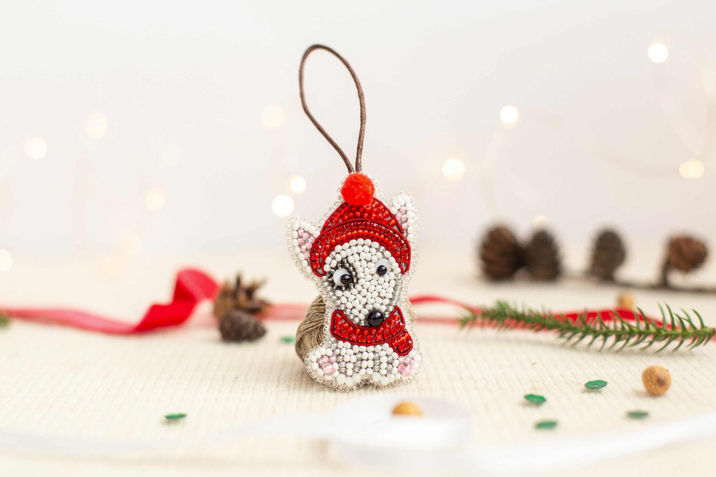 Christmas Bull Terrier Dog - Readymade Beaded Brooch