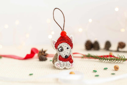 Christmas Bull Terrier Dog - Readymade Beaded Brooch