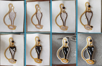 The image is a collage of six images showing the step-by-step process of creating a decorative piece, likely a beaded or embroidered design. The images depict the initial design, the creation of the beaded or embroidered elements, and the final product.