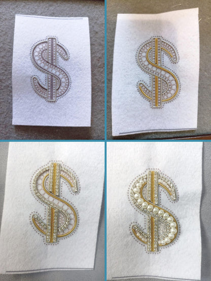 four different views of a dollar sign embroidered with pearls and diamonds.