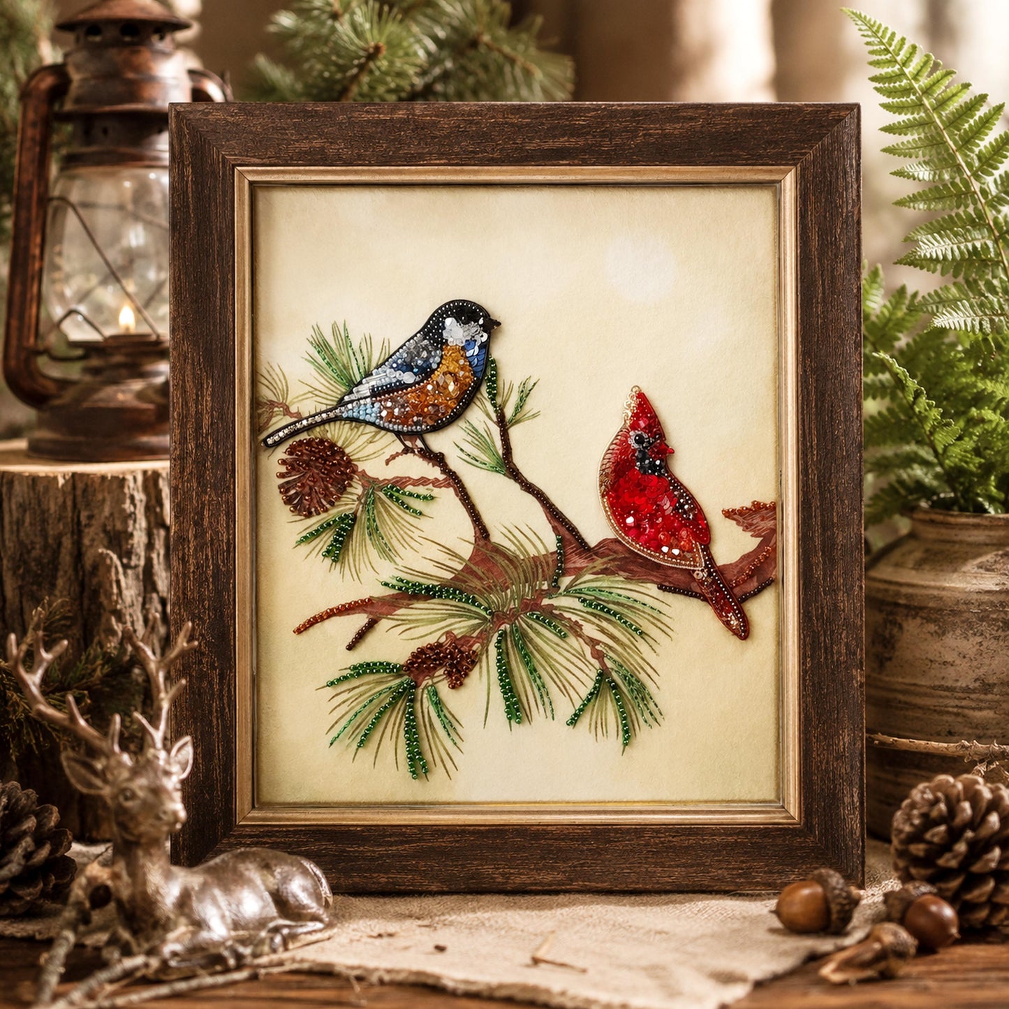 A framed picture of two birds, one blue and one red, perched on a branch with pine cones and pine needles, surrounded by holiday decorations such as a lantern, pine cones, and a deer figurine.