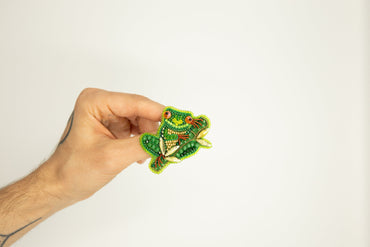 a hand is holding a small green frog brooch