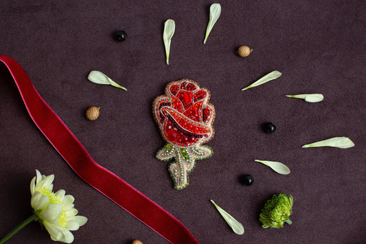 Red Rose Flower - Readymade Beaded Brooch