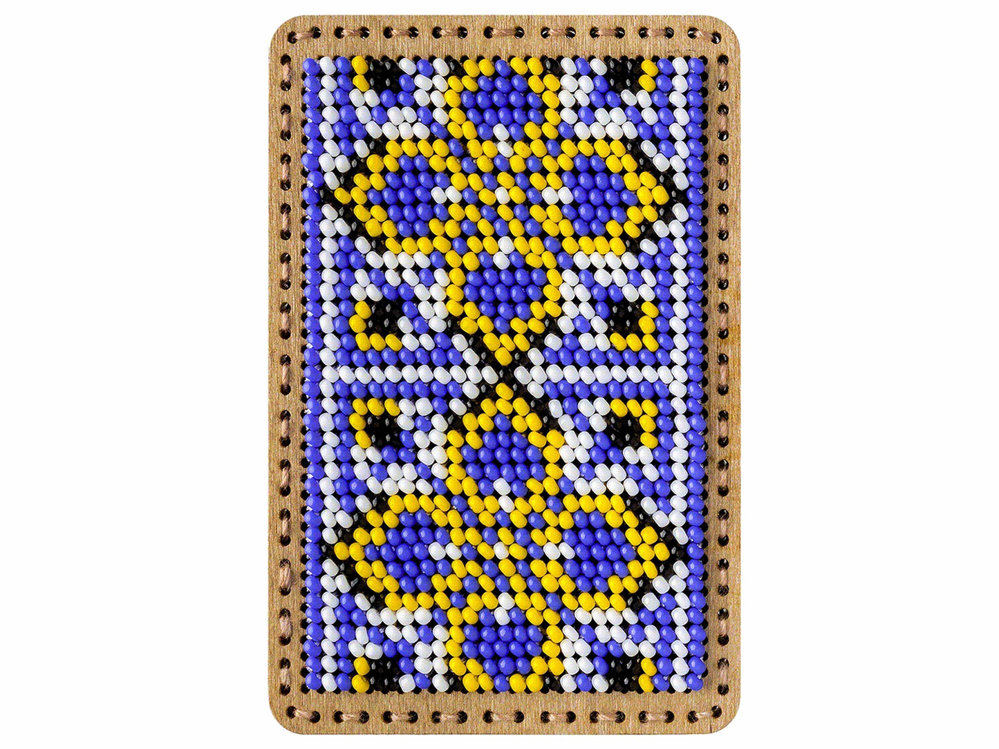 a beaded picture of a blue and yellow pattern