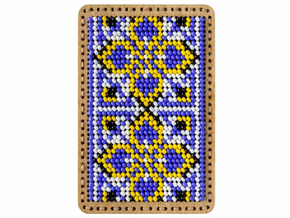 a beaded picture of a blue and yellow pattern