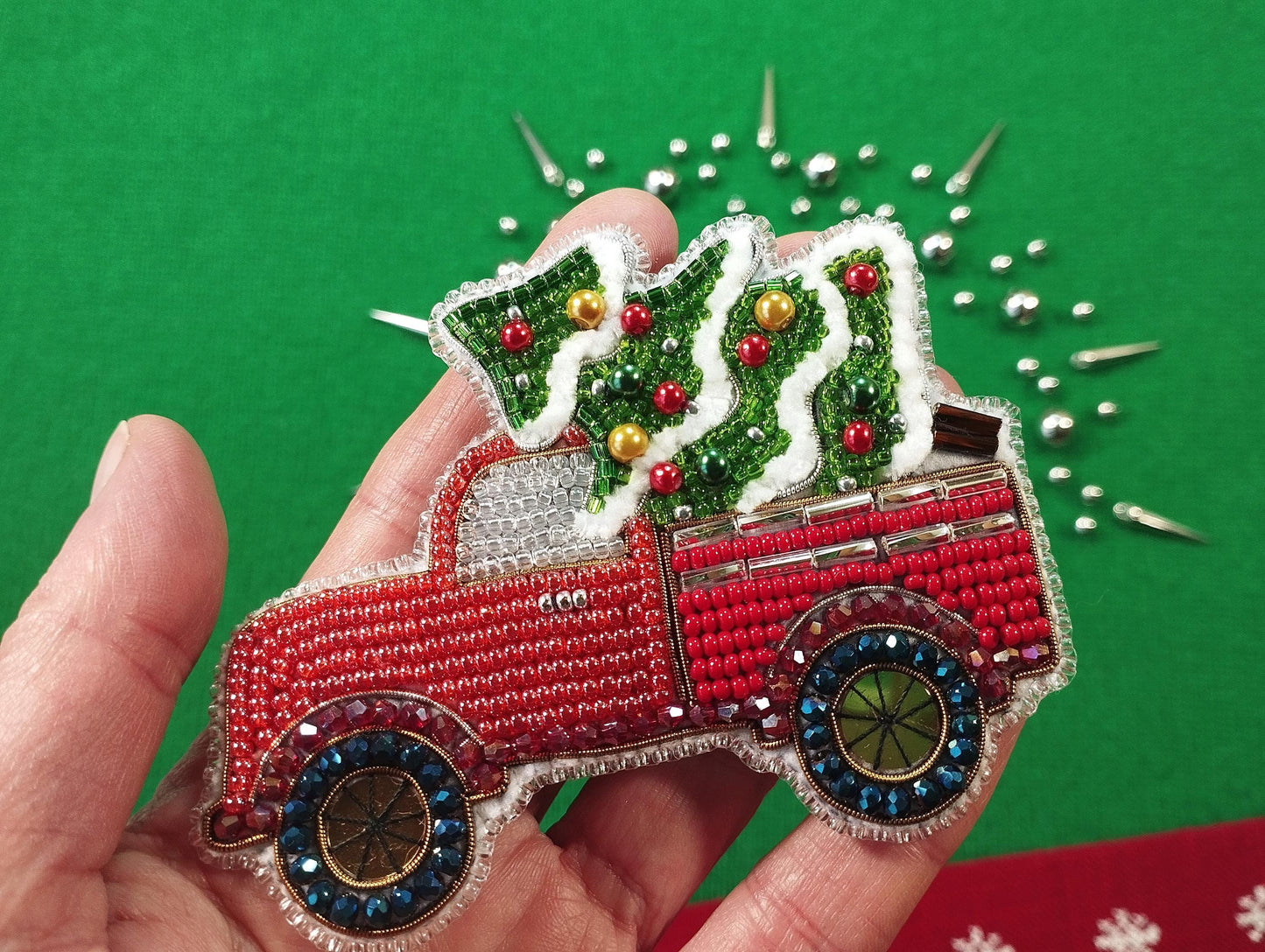 Christmas Truck - Readymade Beaded Brooch