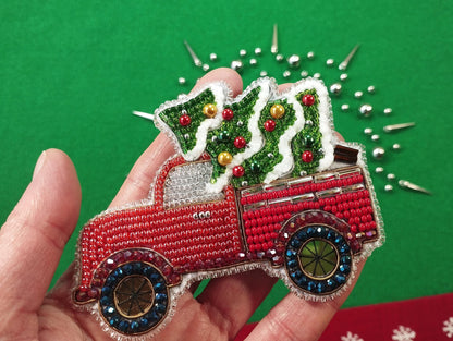 Christmas Truck - Readymade Beaded Brooch