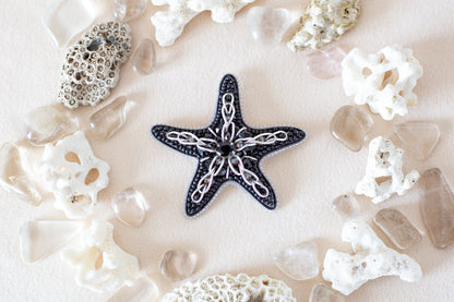 a starfish surrounded by sea shells and sea glass