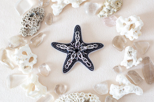 a starfish surrounded by sea shells and sea glass