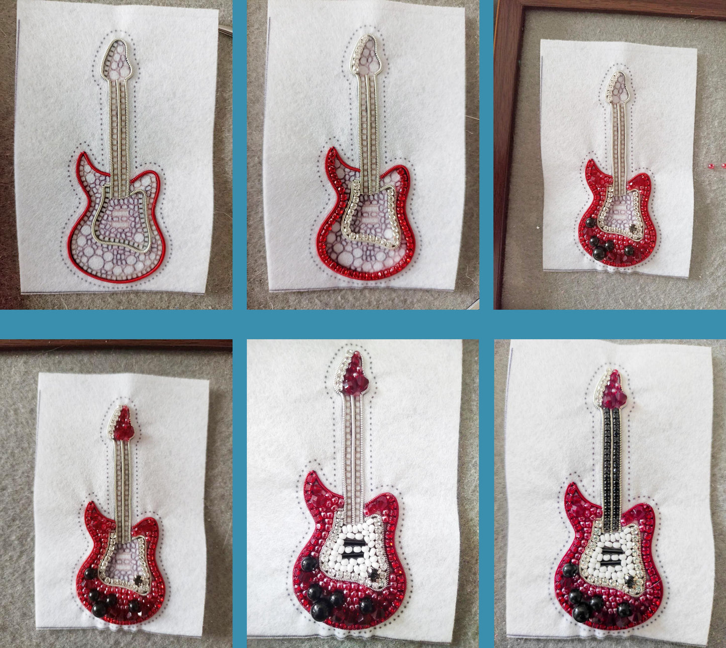 The image is a collage of six images showing the progress of creating a red and black guitar embroidery design. The images depict the initial stages of the embroidery process, with the completed design visible at the end.
