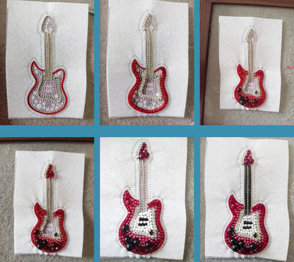 The image is a collage of six images showing the progress of creating a red and black guitar embroidery design. The images depict the initial stages of the embroidery process, with the completed design visible at the end.