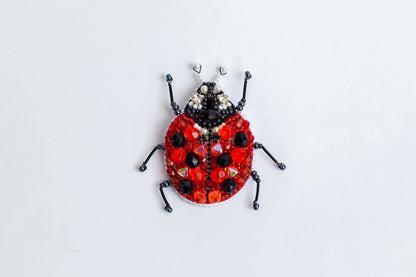 a ladybug made out of beads on a white surface