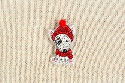 Christmas Bull Terrier Dog - Readymade Beaded Brooch
