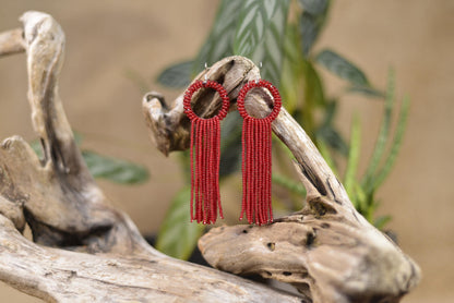 a pair of red beaded earrings hanging from a branch