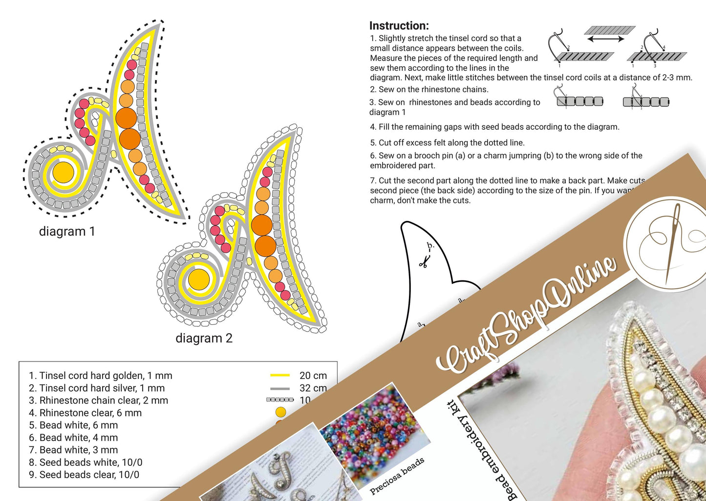 The image is a detailed diagram of a craft project, showing the steps and materials needed to create a decorative item. The diagram includes various components such as a tined cord, seed beads, and other embellishments. The image is a collage of multiple images, and it is not a single, continuous scene but rather a collection of individual images that come together to form a larger picture.