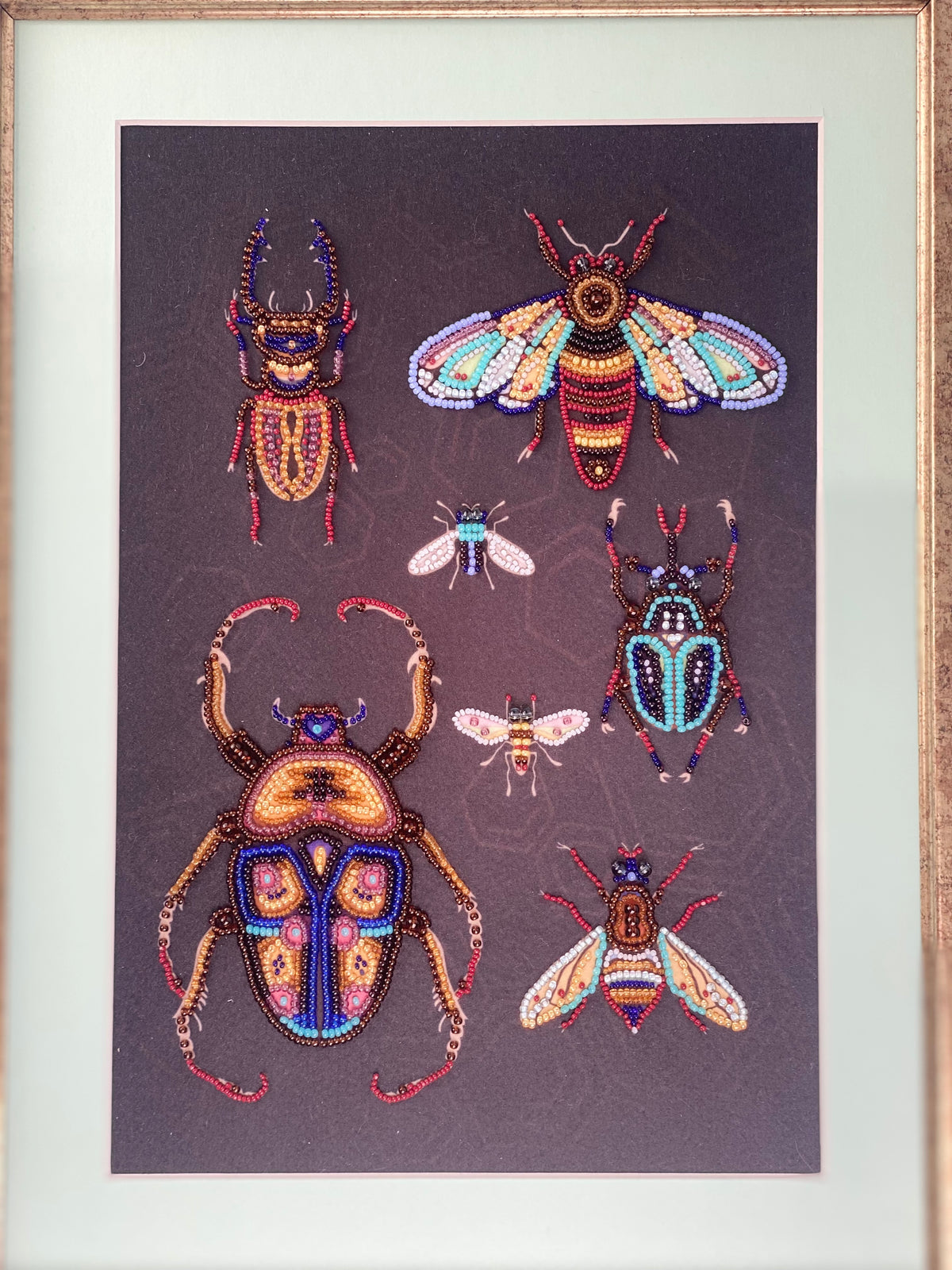 a collection of six colorful and intricately designed insects, including a large beetle, a bee, and several other types of insects, all set against a dark background.