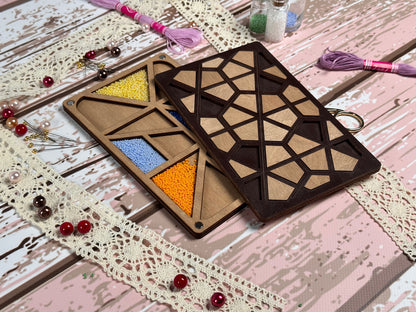 a wooden table topped with a tray of makeup