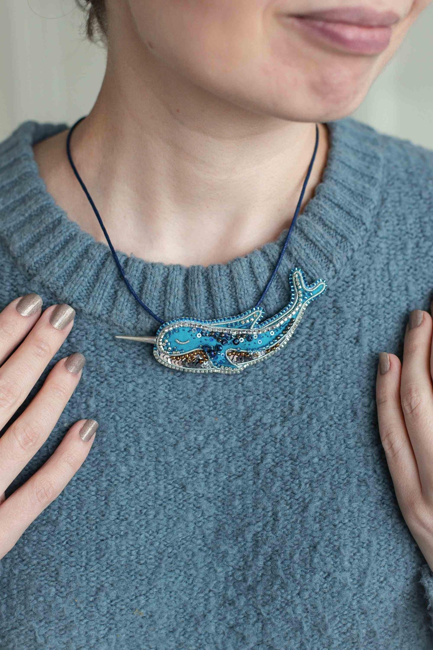 Blue Narwhal - Readymade Beaded Brooch