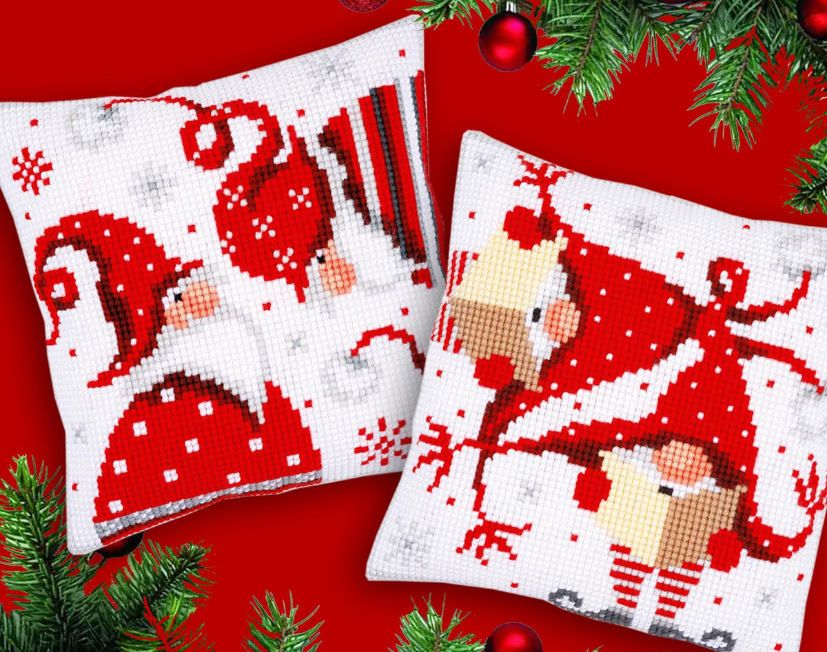 Red Gnomes Embroidery Pillow Kit | DIY Christmas Cross Stitch Cushion Cover