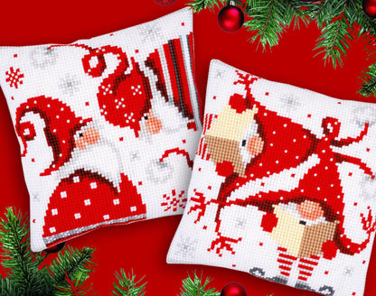 Red Gnomes Embroidery Pillow Kit | DIY Christmas Cross Stitch Cushion Cover