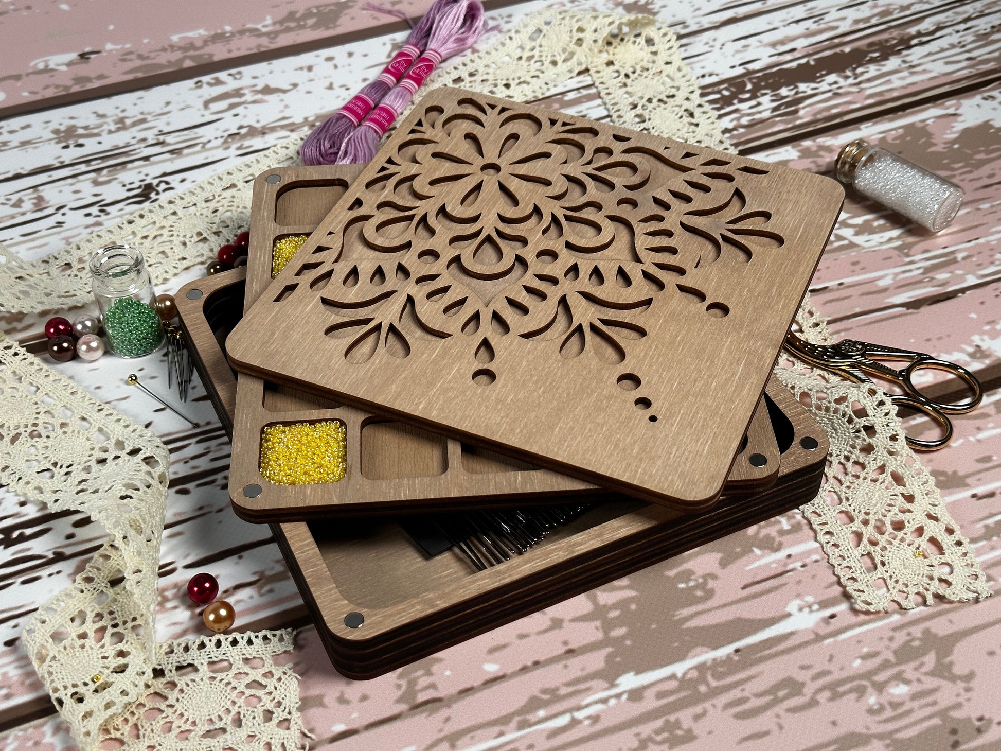 a couple of wooden coasters sitting on top of a table