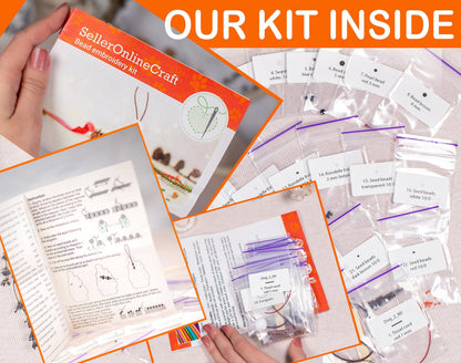 The image is a collage of various items related to a bead embroidery kit, including a booklet, a sewing kit, and multiple packages of beads and thread.