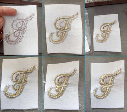 The image is a collage of six images showing the process of embroidering a letter 'J' onto a piece of paper using gold and silver beads.