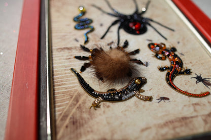 a close-up of various insects and animals, including a spider, a lizard, and a tarantula, all displayed on a beige background.
