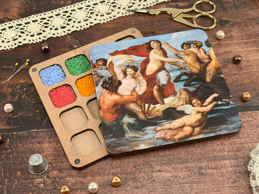 a painting of a group of people on a wooden table