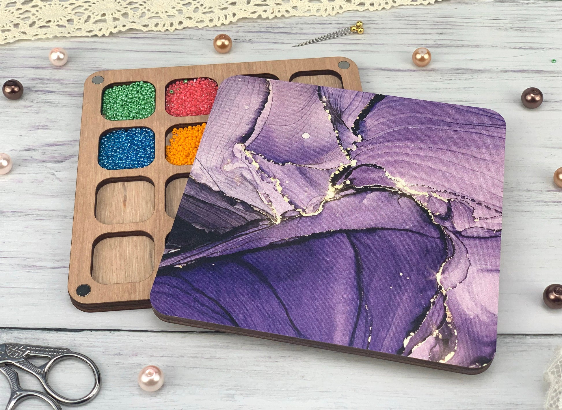 a close up of two coasters on a table