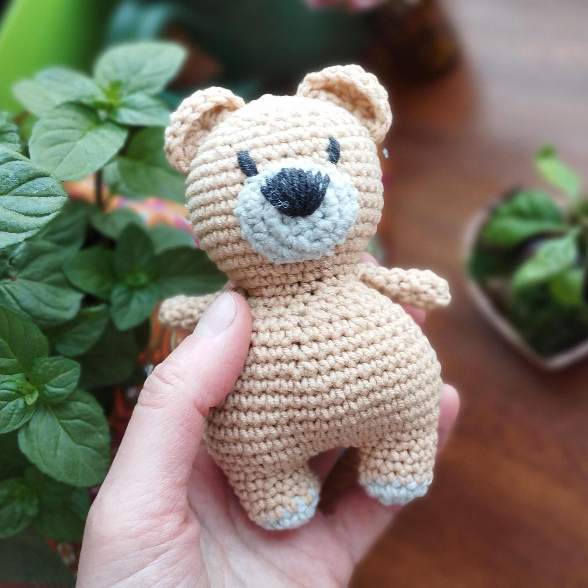 a hand holding a small crocheted teddy bear
